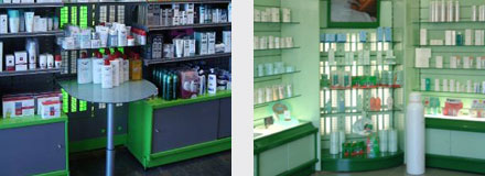 detalle de estantes y bucks de puertas para farmacia
