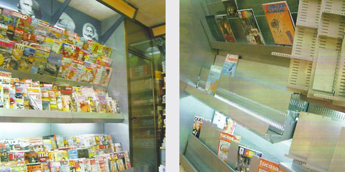 revisteros murales con marquesina y fondos con porta imagenes. Los estantes revista con diferentes inclinaciones para una mejor vision del producto