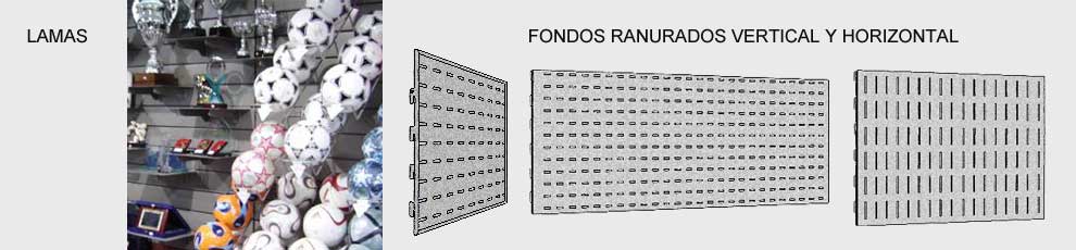 lamas con diferentes accesorios como ganchos y baloneros, pequeños estantes y diferentes tipos de fondos ranurados verticales y horizontales para exposicion de articulos deportivos.