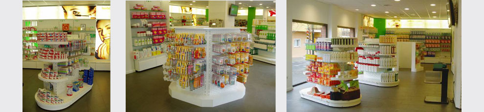 vistas de diferentes gondolas para productos de farmacia
