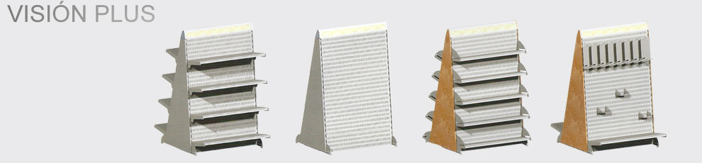 cuatro perfiles basicos de gondola del sistema vision plus,estantes inclinados, fondo troquelado, estantes inclinados con cartelas libro, y gondola con diferentes accesorios para libro 
