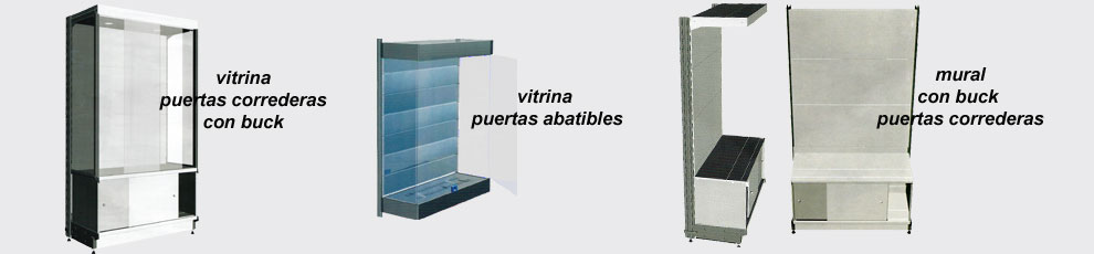 tipos de perfiles basicos con vitrina con buck de puertas correderas, vitrina alta con puertas abatibles, o mural para estantescon buck de puertas correderas