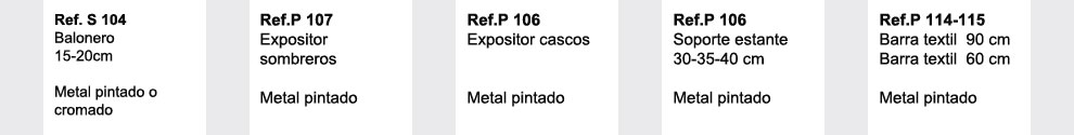 referencias y medidas de soportes balones, expositores sombreros, expositores cascos, cartelas estante, barras en u para confeccion