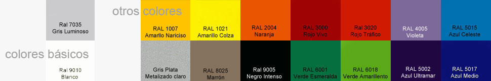 todos los colores disponibles en pintura epoxipoliester para la estanteria metalica, colores estandar y especiales, gris luminoso, blanco, amarillo narciso, gris plata, amarillo colza, marron, naranja, negro intenso, rojo vivo, rojo trafico, verde esmeralda, verde amarillemto, violeta, azul ultramar, azul celeste y azul medio.