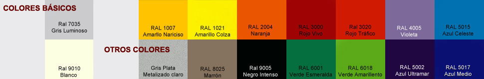 todos los colores disponibles en pintura epoxipoliester para la estanteria metalica, colores estandar y especiales, gris luminoso, blanco, amarillo narciso, gris plata, amarillo colza, marron, naranja, negro intenso, rojo vivo, rojo trafico, verde esmeralda, verde amarillemto, violeta, azul ultramar, azul celeste y azul medio.