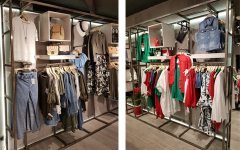 tienda de confeccion con estructura autoportante y accesorios para la presentación de las prendas