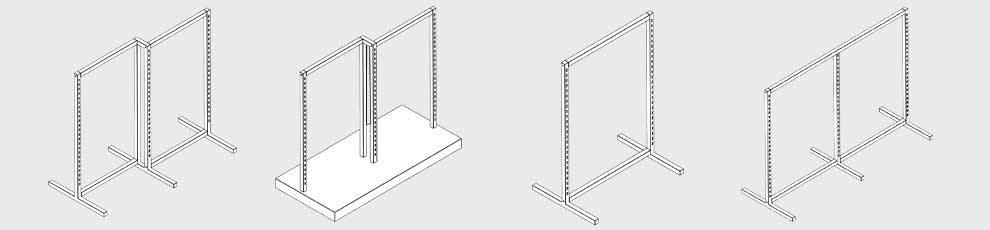 Diferentes posibilidades de formar una gondola donde se adaptan estantes soportes para confeccion, etc